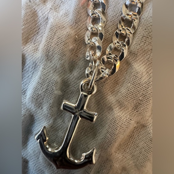 925 sterling Italy Silver Anchor Pendant Necklace - Shiny Silver Cross/Anchor